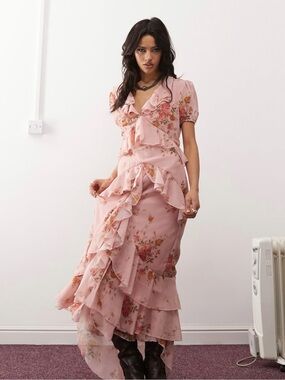 ASOS Reclaimed Vintage boho flounce maxi tea dress (Pink Floral Ruffle Maxi)